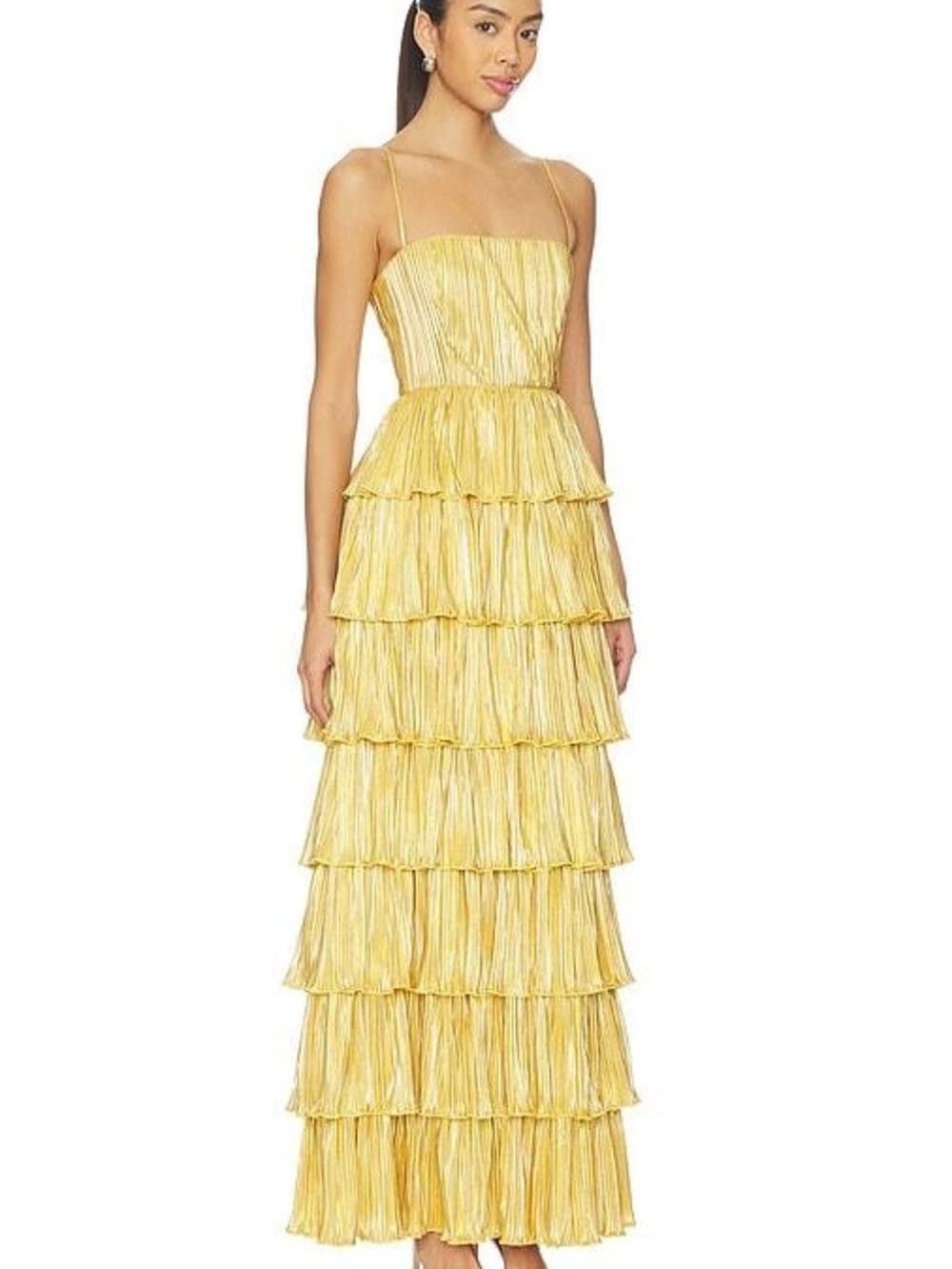 Lovers & Friends Gold Tiered Ruffle Maxi Dress Aleena Gown‎ *FLAWED